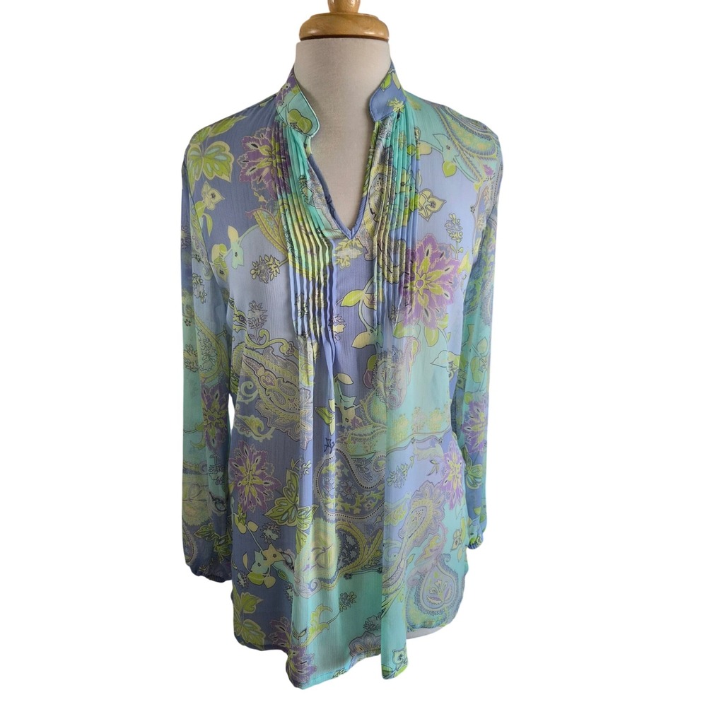 Susan Graver Womens XS Blue Purple Paisley Pintuck V-Neck Sheer Tunic‎ Blouse